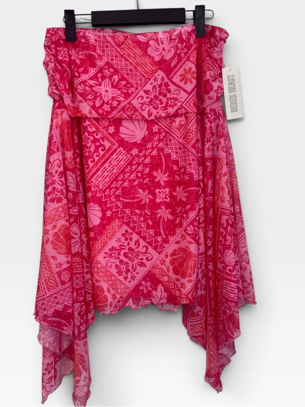 Drek Heart Pink Tropical Mesh Asymmetrical High Low Skirt XL Patchwork Lined - Picture 2 of 7